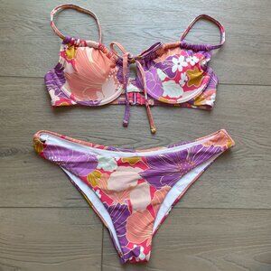 NEW Roxy Womens Small Floral Bikini Set Pink Purple Swimsuit